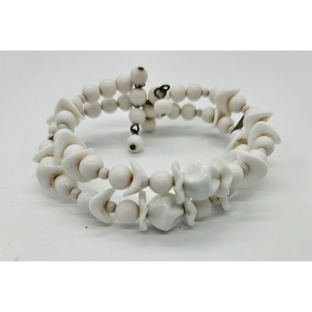 White Beaded Spiral Coil‎ Bracelet Shell Accents Boho Beach Jewelry